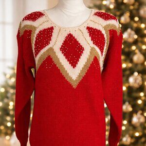 Dana Scott Red Geometric Knit Sweater Vintage Style Size M